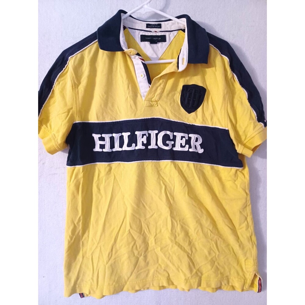 Tommy Hilfiger Boys Polo Shirt L (16/18) Yellow Short Sleeves Collared Vintage